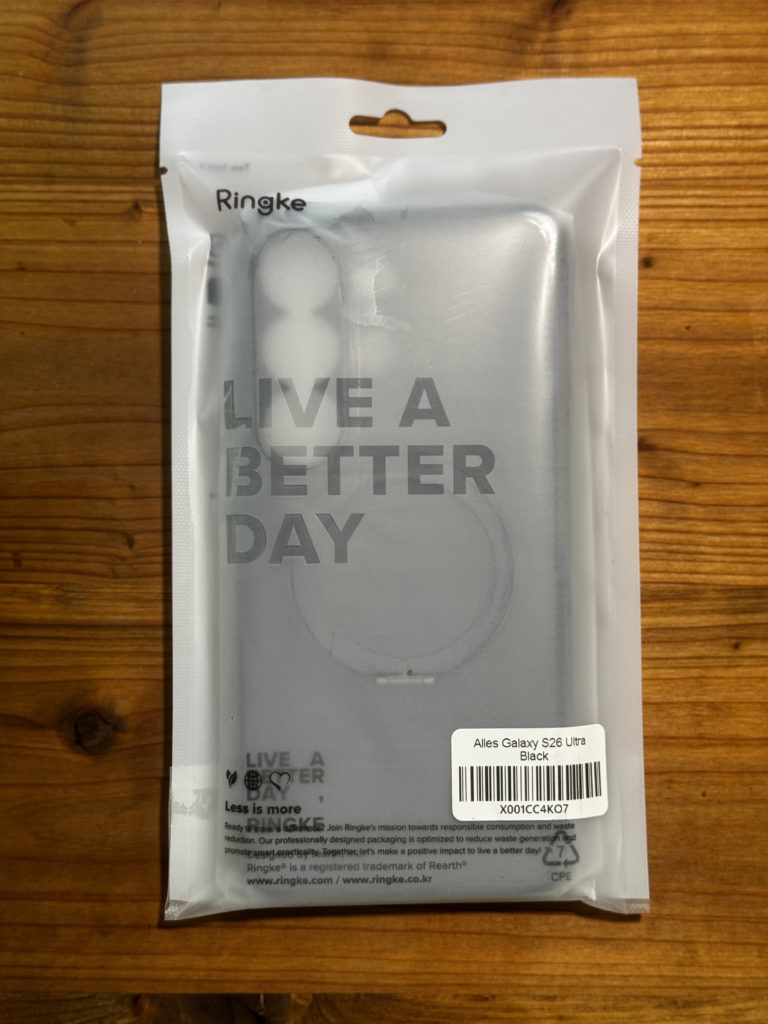 RingkeのGalaxy S26 Ultra用MagSafe対応スタンドケースのパッケージ袋
