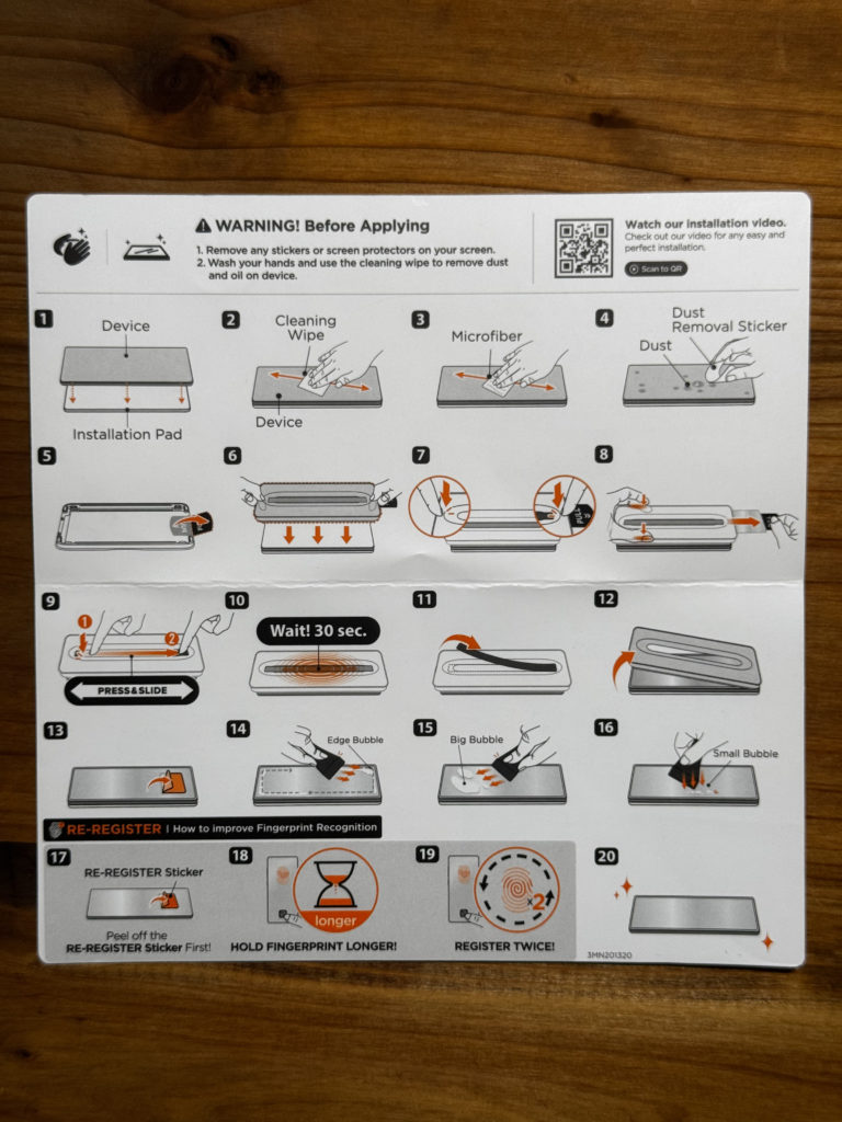 Spigenの液晶ガラスフィルム付属のステップバイステップ貼り付けマニュアル